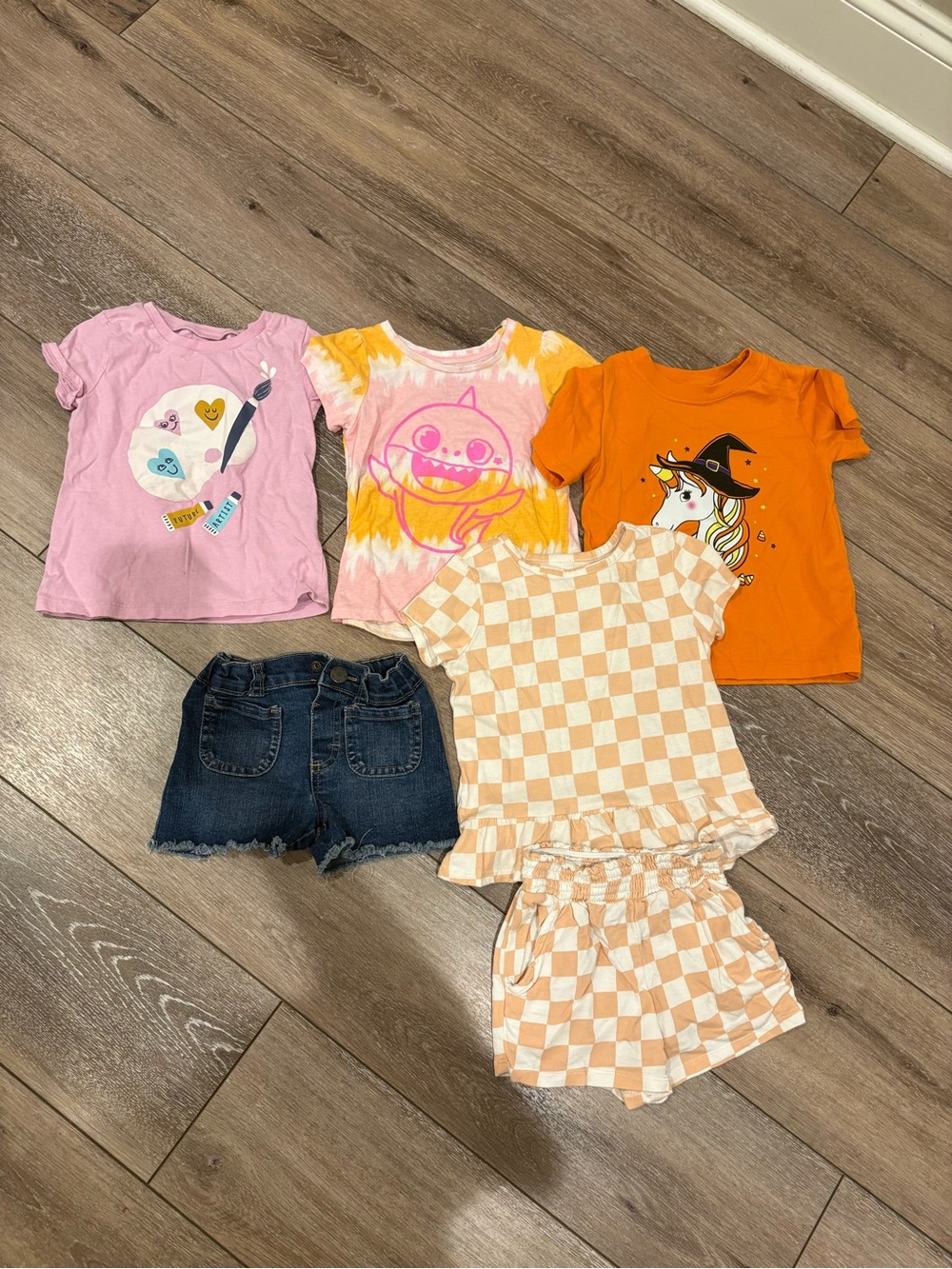 Girls Mixed Tee & Short Set - Pink, Orange, Yellow, Denim - 3T Bundle